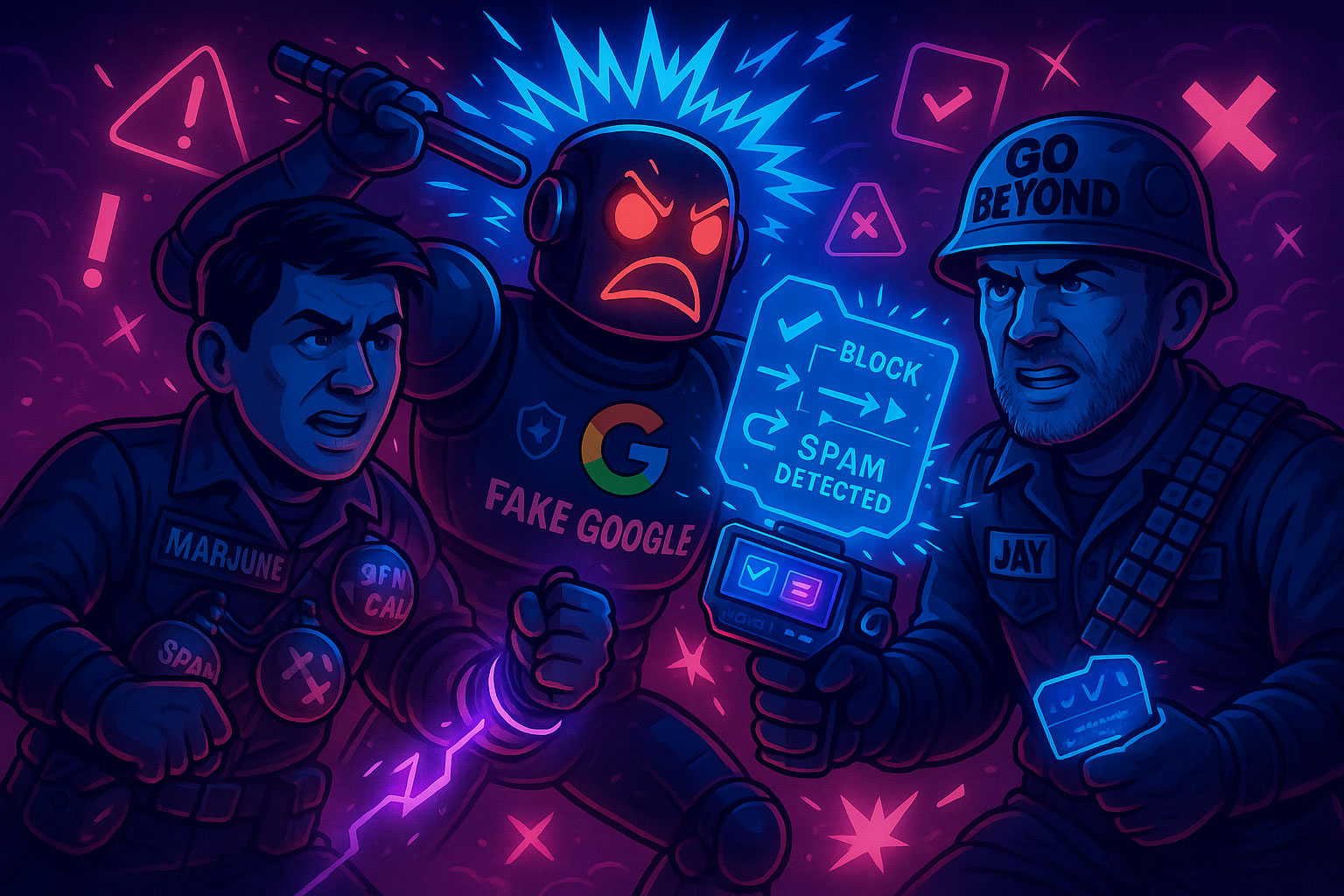 Digital artwork showing a fight against a Fake Google robocall robot in neon lighting.