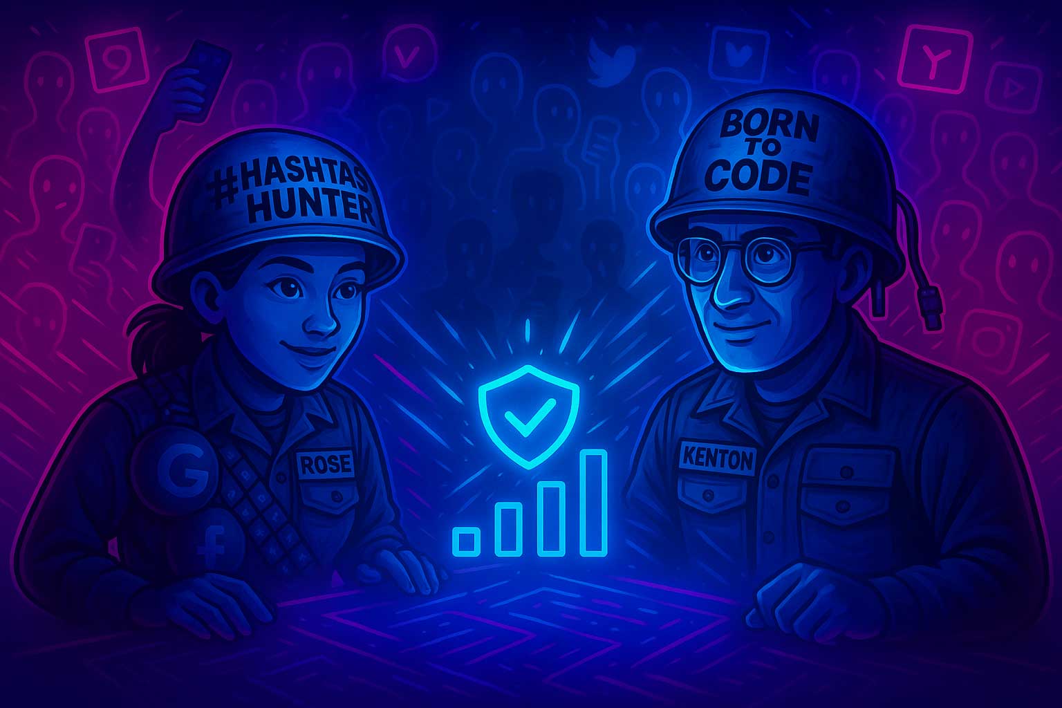 Jarhead Lab cyber-style artwork showing Kenton and Rose analyzing trust-based content metrics with viral-chasing figures fading behind them.