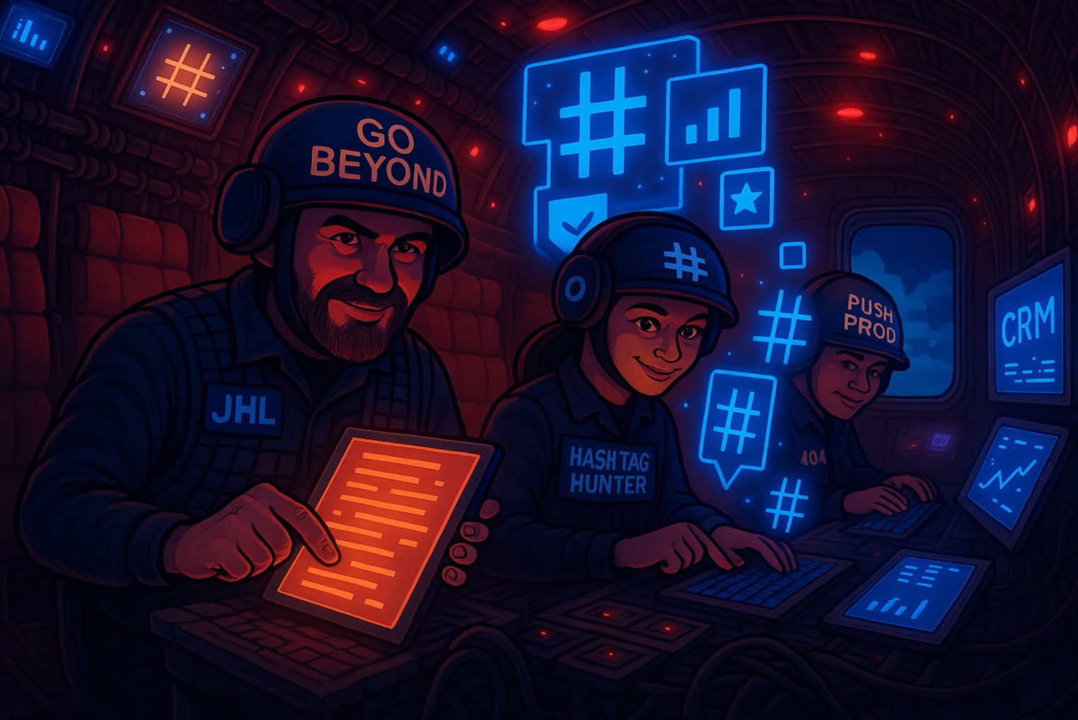 Team using digital devices, analyzing social media data.