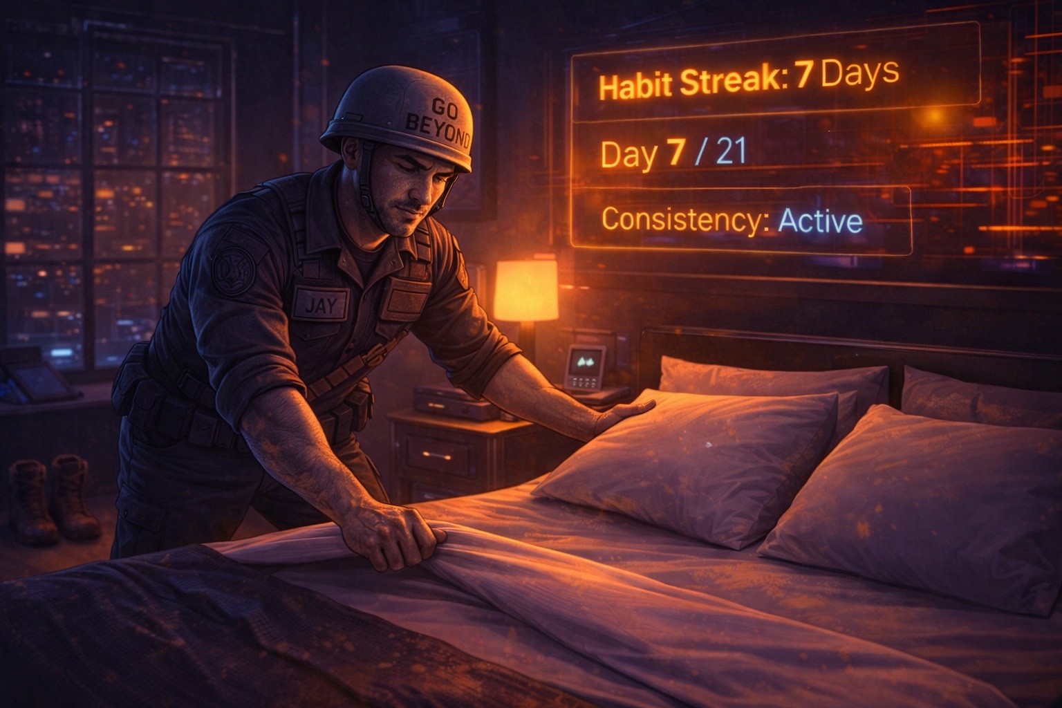 Jay making his bed in a neon cyberpunk bedroom with a glowing 21-day habit tracker interface
