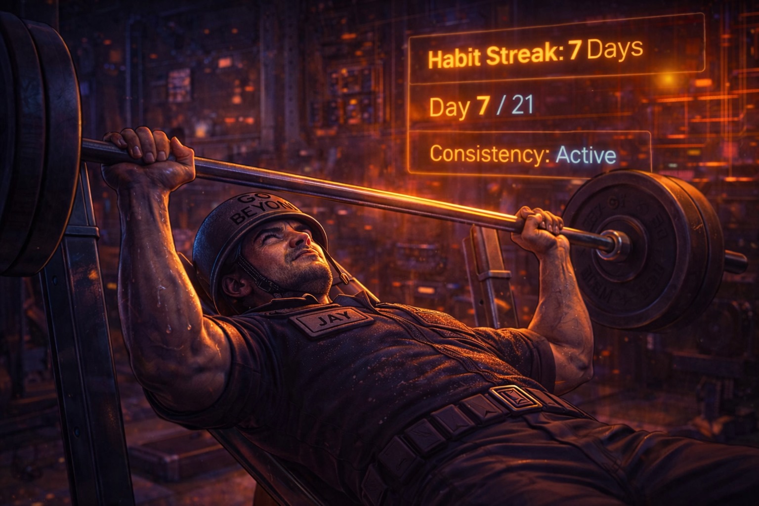 Jay performing an incline bench press in a neon cyberpunk gym with a 21-day habit streak HUD overlay
