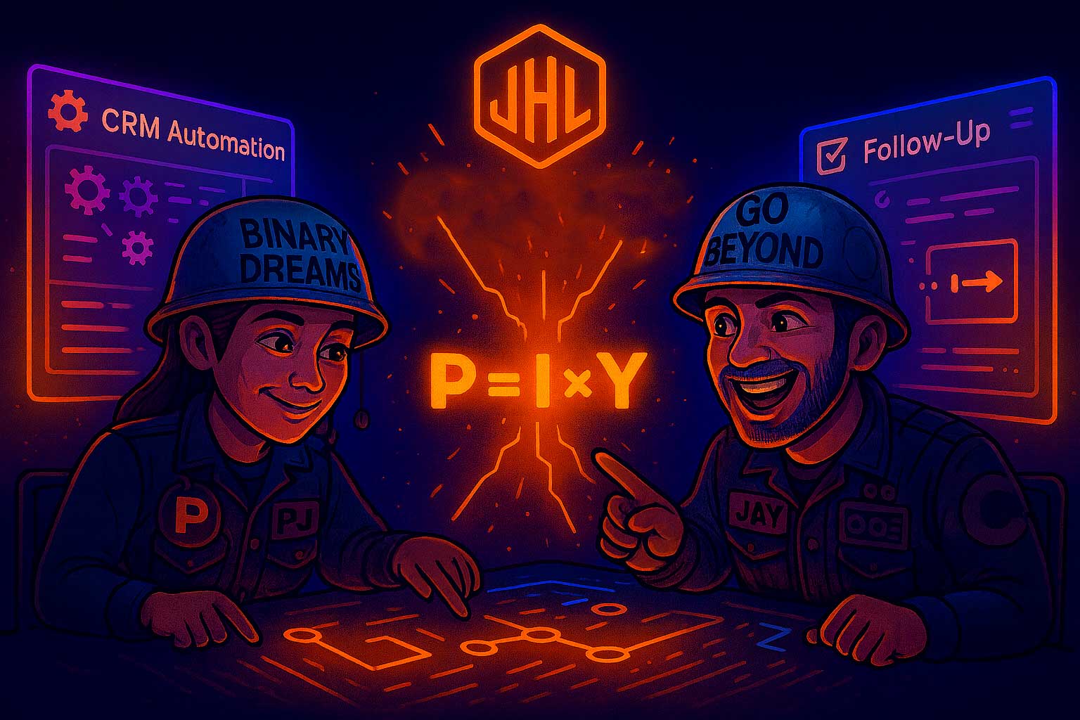 Two workers with digital project board discussing P=I times Y equation on business profitability