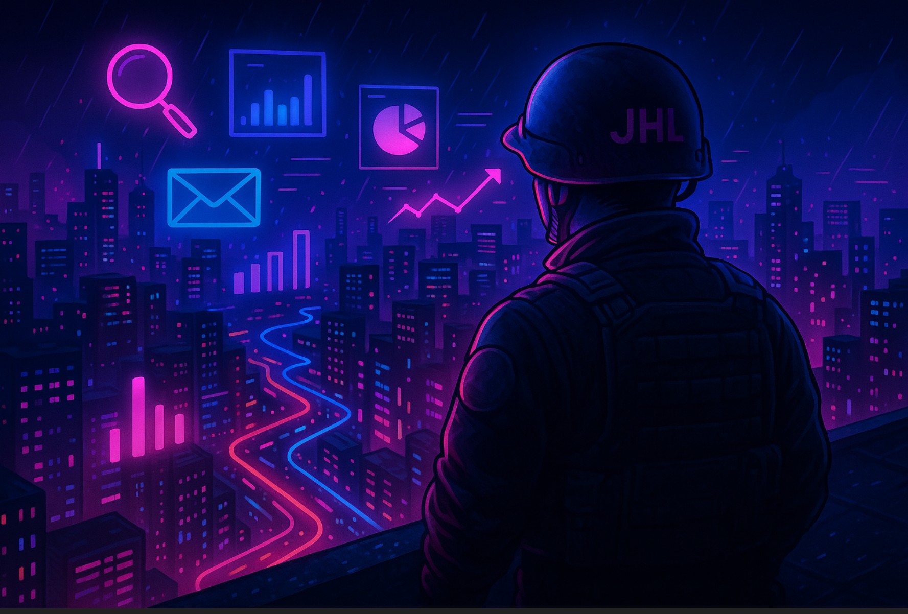 Guard overlooking digital cityscape with data symbols.