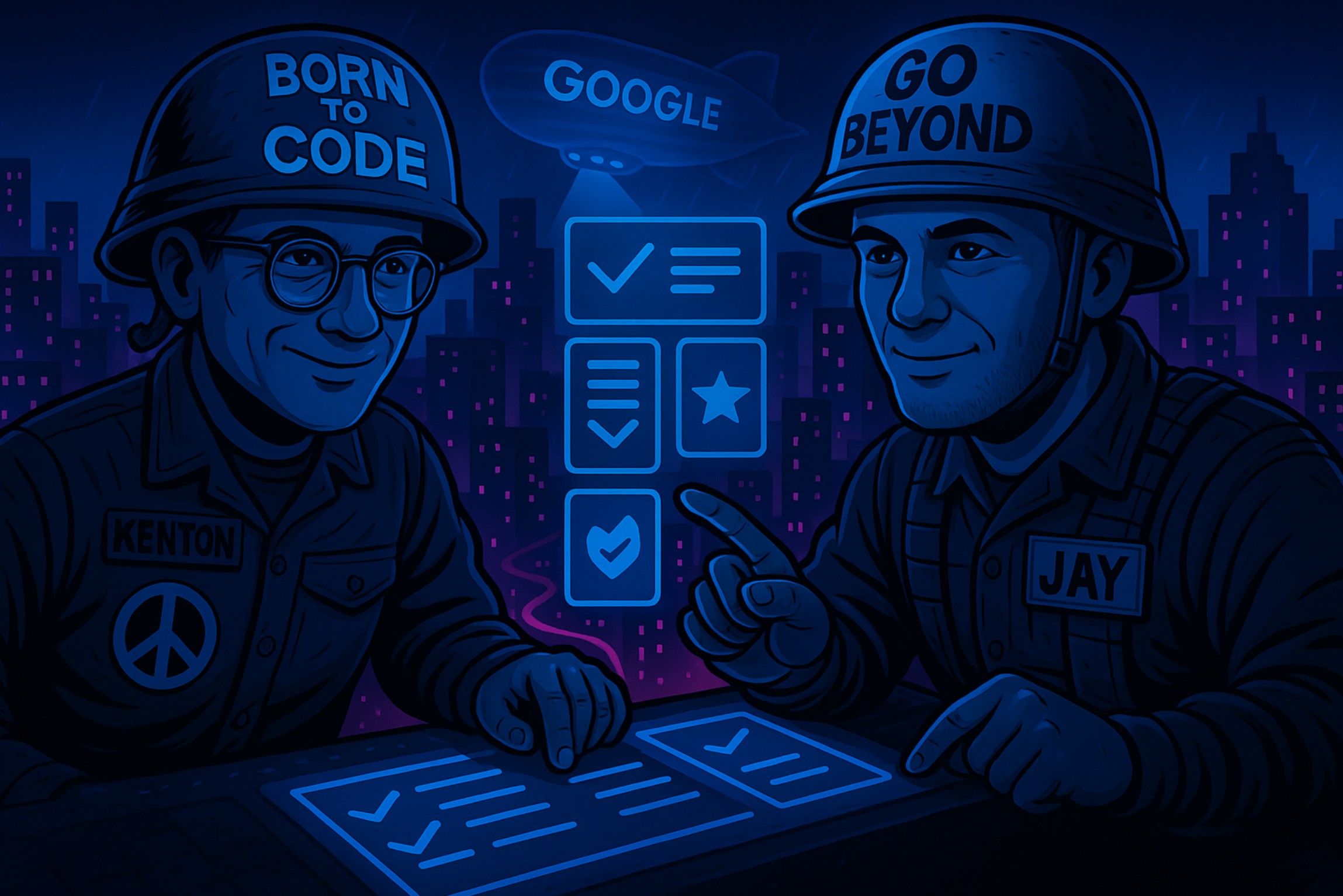 Illustration of people with coding helmets and tasks.