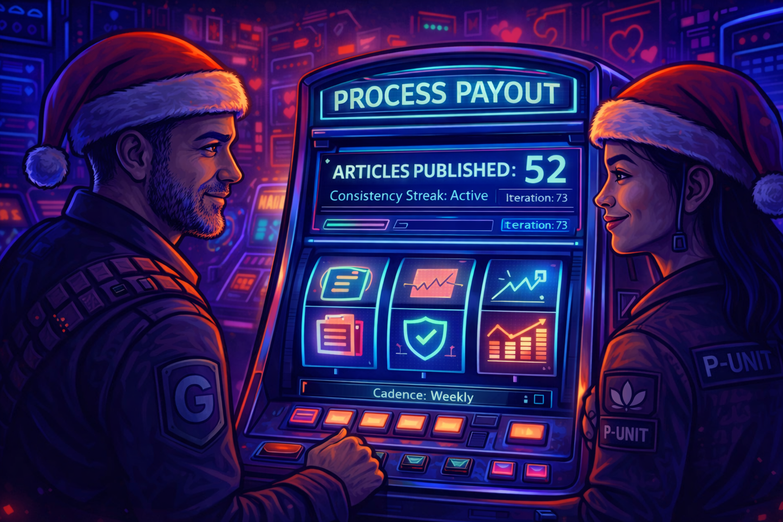 Consistent content execution visualized as a system-driven process payout