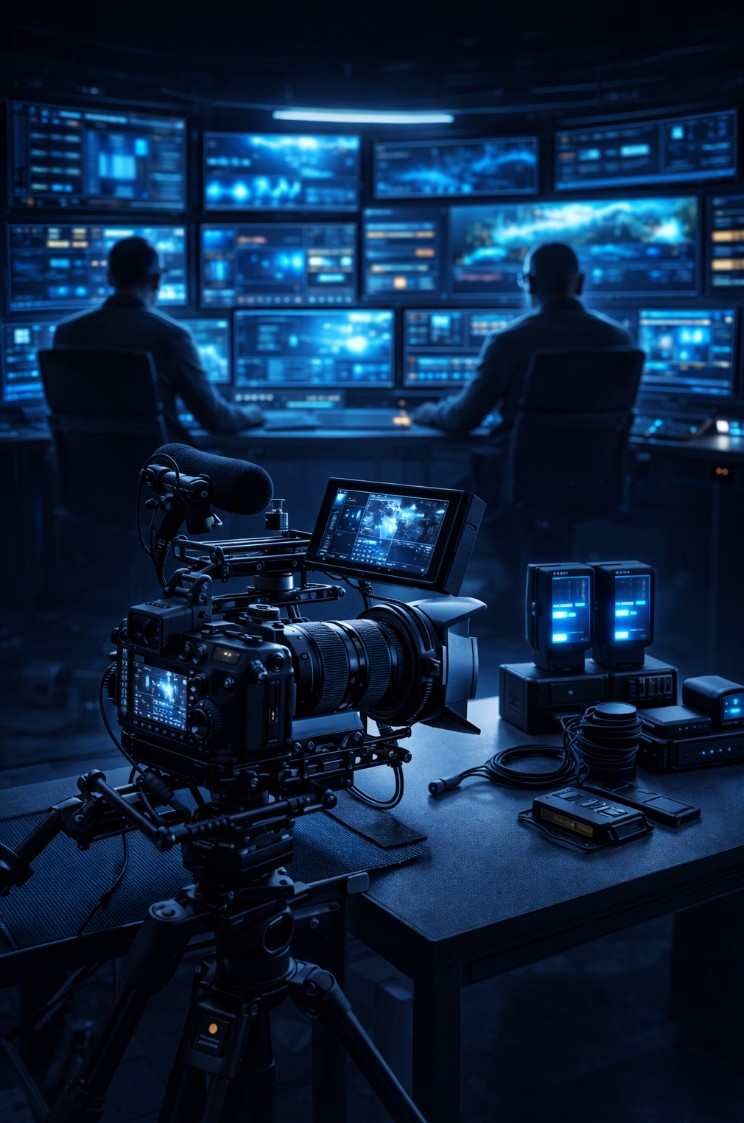 Video production command center with professional camera rig, monitoring screens, and deployed video workflows